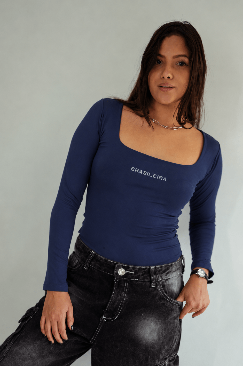 Body azul de manga larga